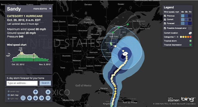 mapa interactivo con la ruta del huracán Sandy